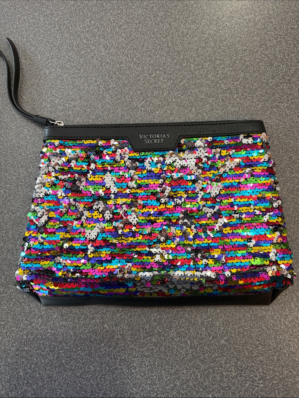 Victoria's Secret Rainbow Sequin Cosmetic Bag with Black Trim